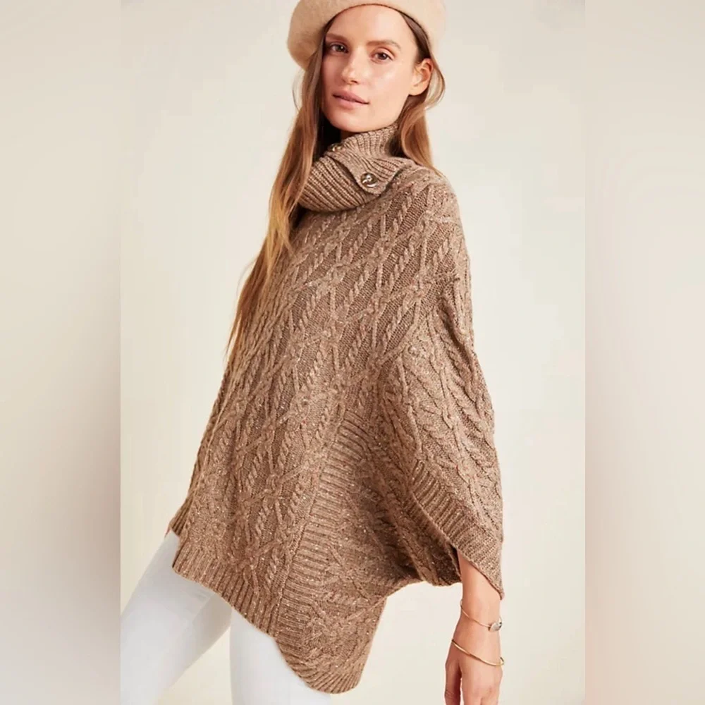 By Anthropologie Tan Corine Cable Knit Poncho Cowl Neck Sweater size XL